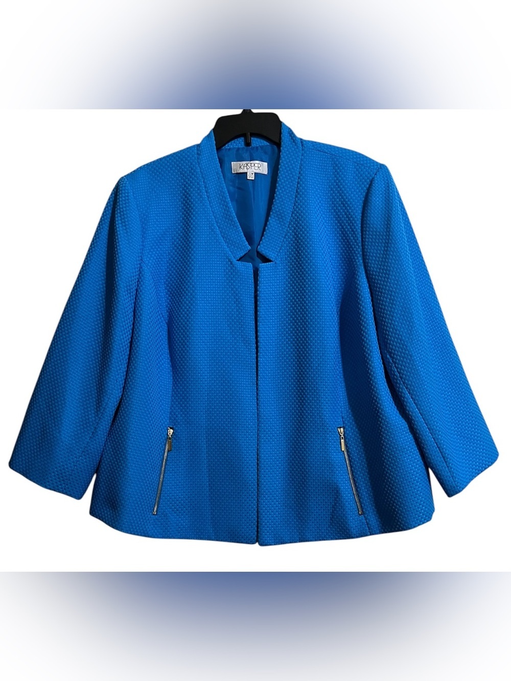 NWT KASPER Blue “Surf” Open Front Textured Blazer Jacket Gold Zippers 20W